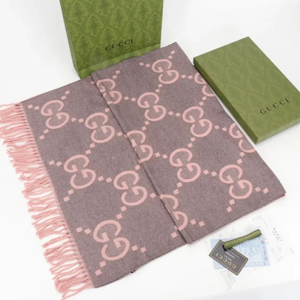 Gucci GG scarf pink brown wool blend accessory with fringed edges and signature logo pattern