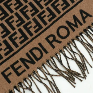 Fendi Roma scarf brown black wool fabric with fringe edges and logo pattern design