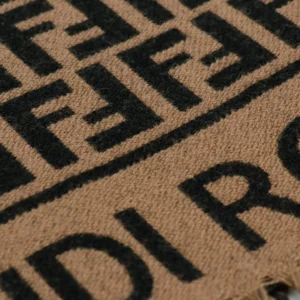 Fendi FF logo scarf beige black wool blend with fringed edges and bold monogram pattern