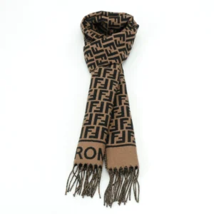 Fendi scarf brown black wool blend with FF logo pattern and fringe detailing accessory