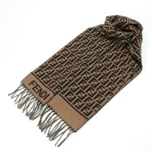 Fendi scarf brown black wool blend fabric with FF logo fringe ends accessory