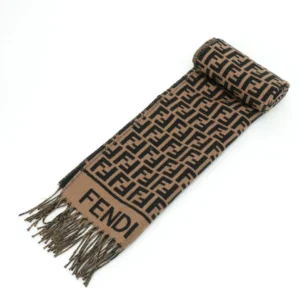 Fendi scarf brown black wool blend fabric with FF logo pattern and fringe detailing accessory