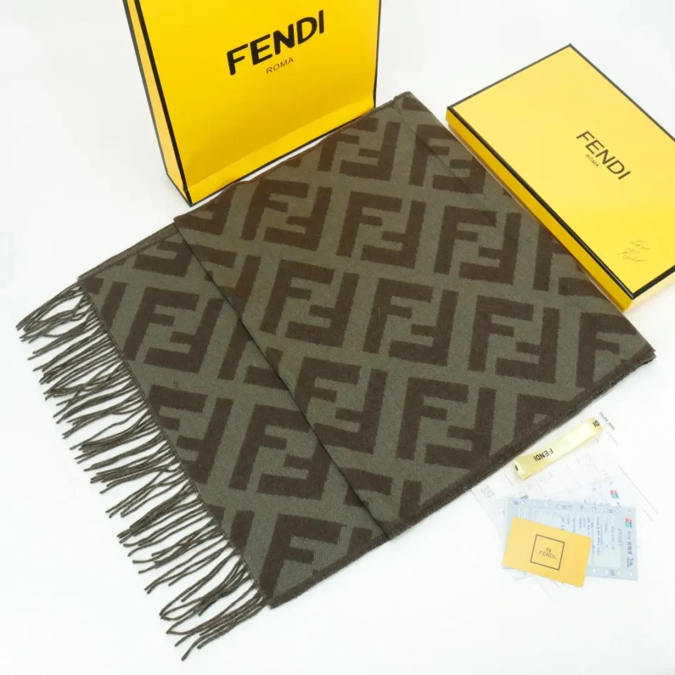 Fendi scarf brown monogram wool blend fabric with fringed edges and branded packaging