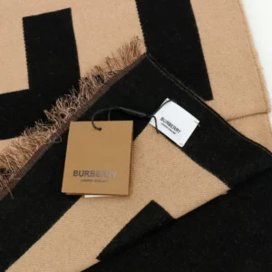 Burberry scarf beige black wool blend fabric with fringed edges and brand tags visible