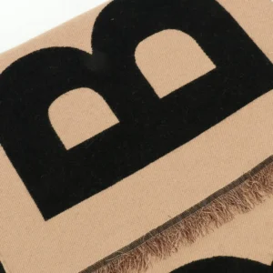 Burberry scarf beige black wool fabric with fringed edges and bold lettering design