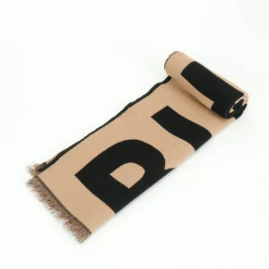 Burberry scarf beige black wool blend with large logo and fringed ends accessory