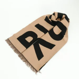 Burberry scarf beige black wool fabric with large logo and fringed edges accessory