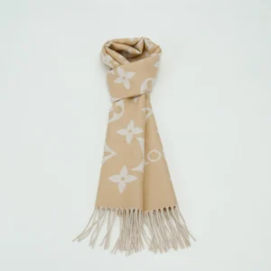 Louis Vuitton scarf beige white monogram wool blend scarf with fringed edges