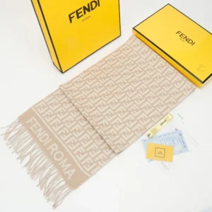 Fendi Roma scarf beige monogram pattern wool blend with fringe edges displayed with yellow branded box