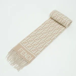 Fendi scarf beige white wool knit with FF logo pattern and fringed edges accessory