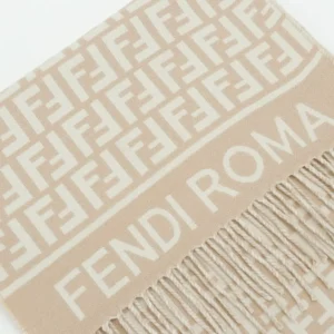 Fendi scarf beige white wool blend with FF logo pattern and fringed edges accessory