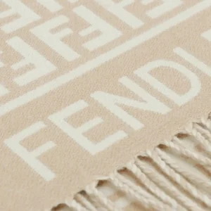 Fendi scarf beige wool fabric with white logo pattern and fringed edges accessory