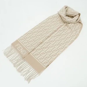 Fendi scarf beige wool blend fabric with FF logo pattern and fringed edges accessory