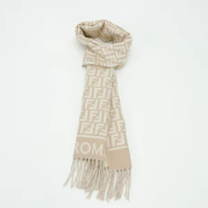 Fendi scarf beige white wool blend with FF logo pattern and fringed edges accessory