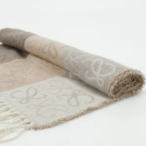 Loewe scarf beige grey wool cashmere blend with fringed edges and subtle logo pattern