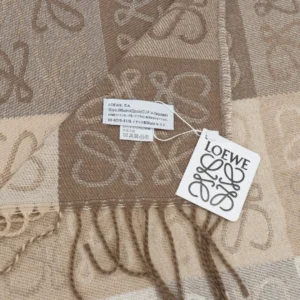 Loewe scarf beige brown wool with jacquard pattern and fringe edges luxury fashion accessory