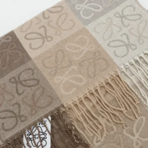 Loewe scarf multicolor beige brown wool blend with fringed edges and signature anagram pattern