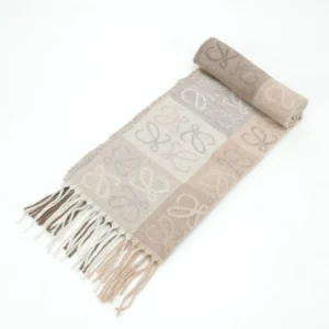 Loewe logo jacquard scarf beige wool blend with fringed edges and repeating brand motif pattern