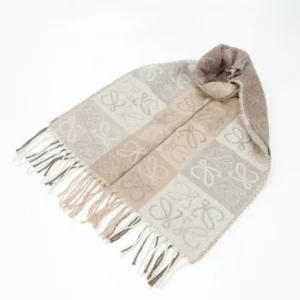 Loewe logo jacquard scarf beige taupe wool blend with fringe edges accessory