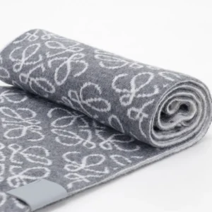 Loewe Scarf grey white wool blend accessory with signature logo pattern and leather tag