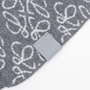 Loewe scarf gray white wool knit accessory with embossed leather logo patch