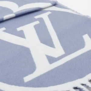 Louis Vuitton scarf light blue white wool large logo pattern with fringe edges accessory
