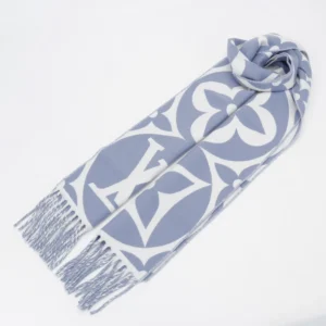 Louis Vuitton scarf blue white wool blend with monogram pattern and fringe detailing accessory