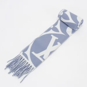 Louis Vuitton scarf blue white monogram wool silk blend with fringed edges accessory