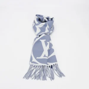 Louis Vuitton scarf blue white wool blend with fringed edges and monogram pattern