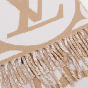 Louis Vuitton scarf large logo pattern beige white wool accessory with tassel fringe detail