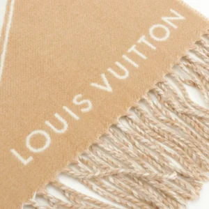 Louis Vuitton wool scarf beige with white logo fringe detailing accessory