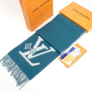 Louis Vuitton scarf blue wool with white monogram logo and fringed edges