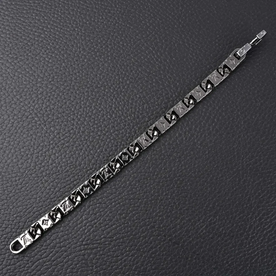 Louis Vuitton bracelet silver tone metal chain link accessory with LV logo accents