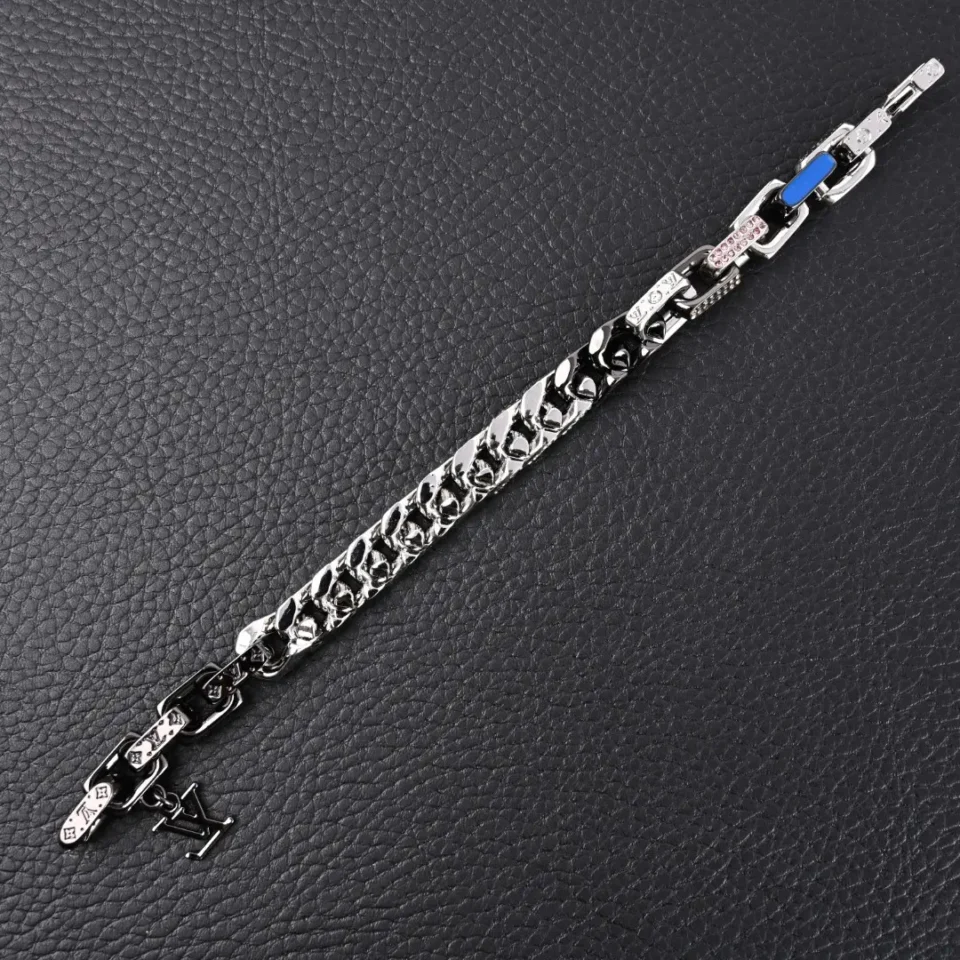 Louis Vuitton chain bracelet silver metal with blue and pink enamel and LV logo charm