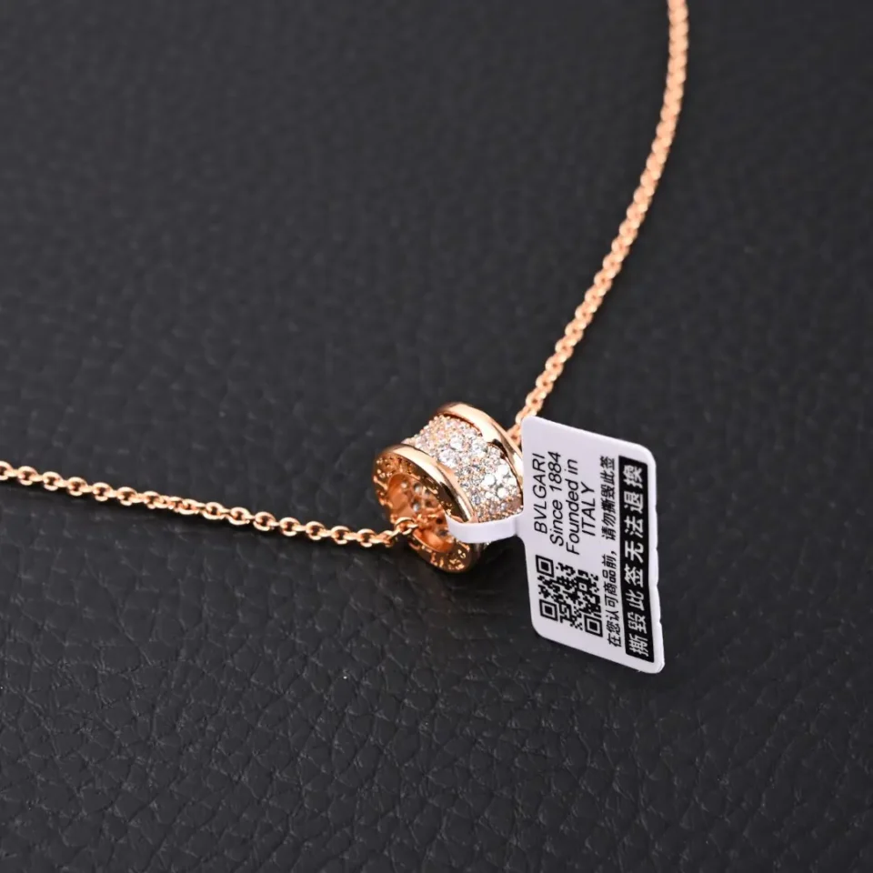 Bvlgari necklace rose gold with pavé diamond charm delicate chain accessory