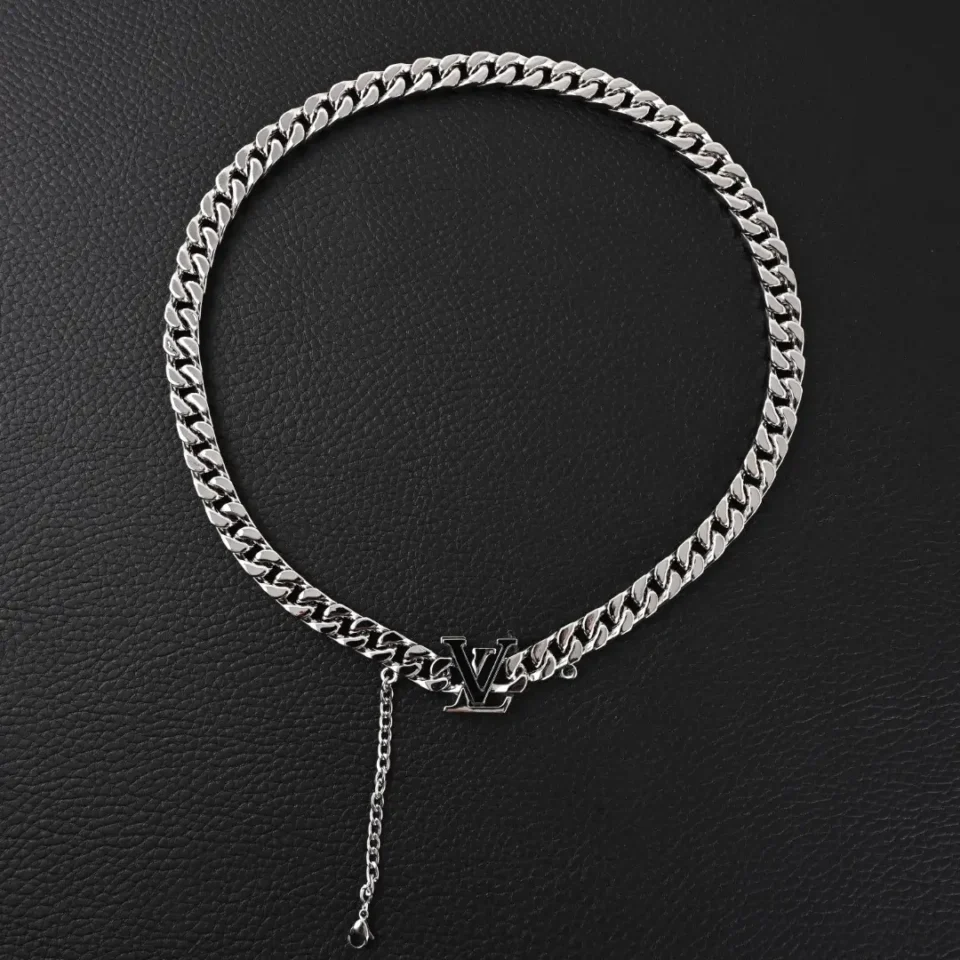 Louis Vuitton necklace silver tone metal chain with LV logo pendant and adjustable clasp closure