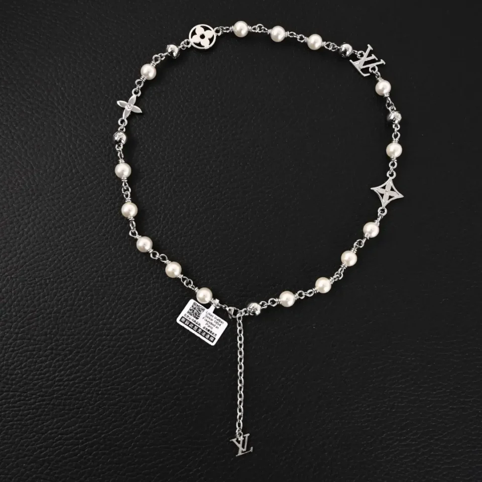 Louis Vuitton necklace silver tone metal with pearl beads and signature logo charms accessory