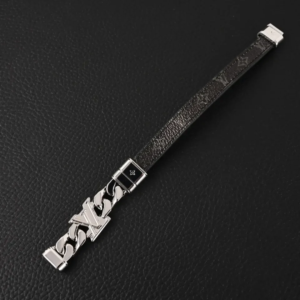 Louis Vuitton leather bracelet black silver chain link LV logo accessory