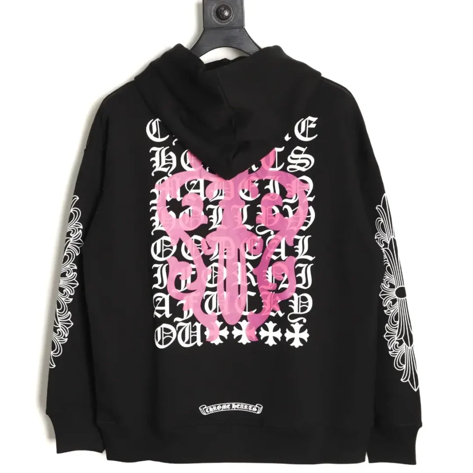 Chrome Hearts hoodie black cotton with pink gothic emblem and white ornate sleeve prints