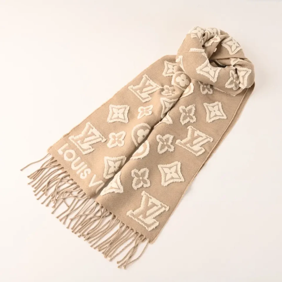 Louis Vuitton Monogram scarf beige wool blend with fringe detailing luxury accessory