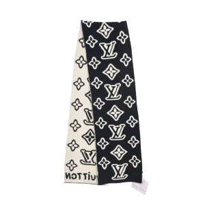 Louis Vuitton Black White Embossed Logo Wool Infinity Scarf