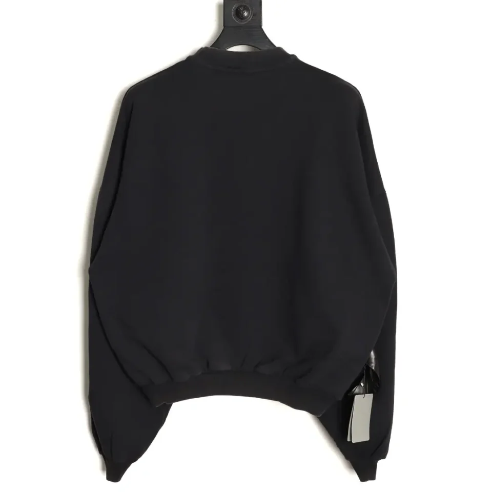 This is a black sweatshirt displayed from the back on a hanger with a tag visible. Please provide the brand, model, or product type for an SEO-optimized alt text.