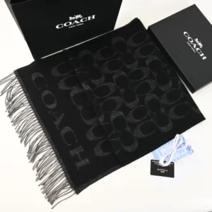 Coach scarf black grey jacquard wool fringe accessory with signature logo pattern