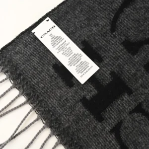 Coach scarf CB807 charcoal gray wool cashmere blend with fringed edges and logo pattern