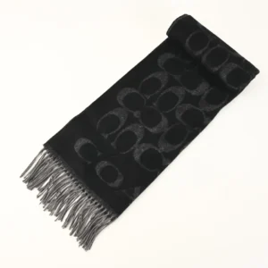 Coach scarf black gray wool jacquard with signature logo and fringed edges accessory