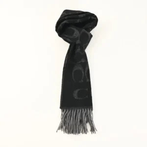 Coach scarf black gray wool blend with signature logo fringe detailing accessory