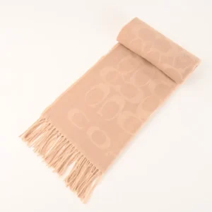Coach Signature jacquard scarf beige wool blend with fringed edges accessory