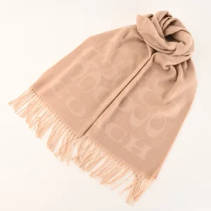 Coach Signature jacquard scarf beige wool blend with fringed edges accessory