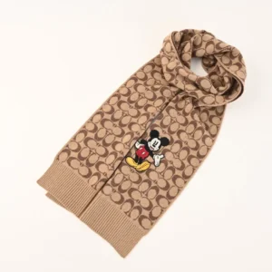 Coach scarf beige signature jacquard wool with embroidered Mickey Mouse patch accessory