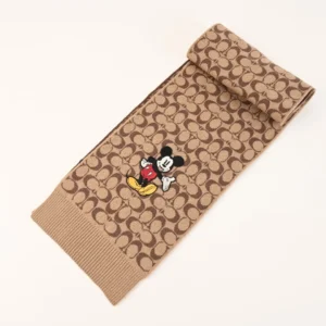 Coach scarf brown signature jacquard wool with embroidered Mickey Mouse applique accessory
